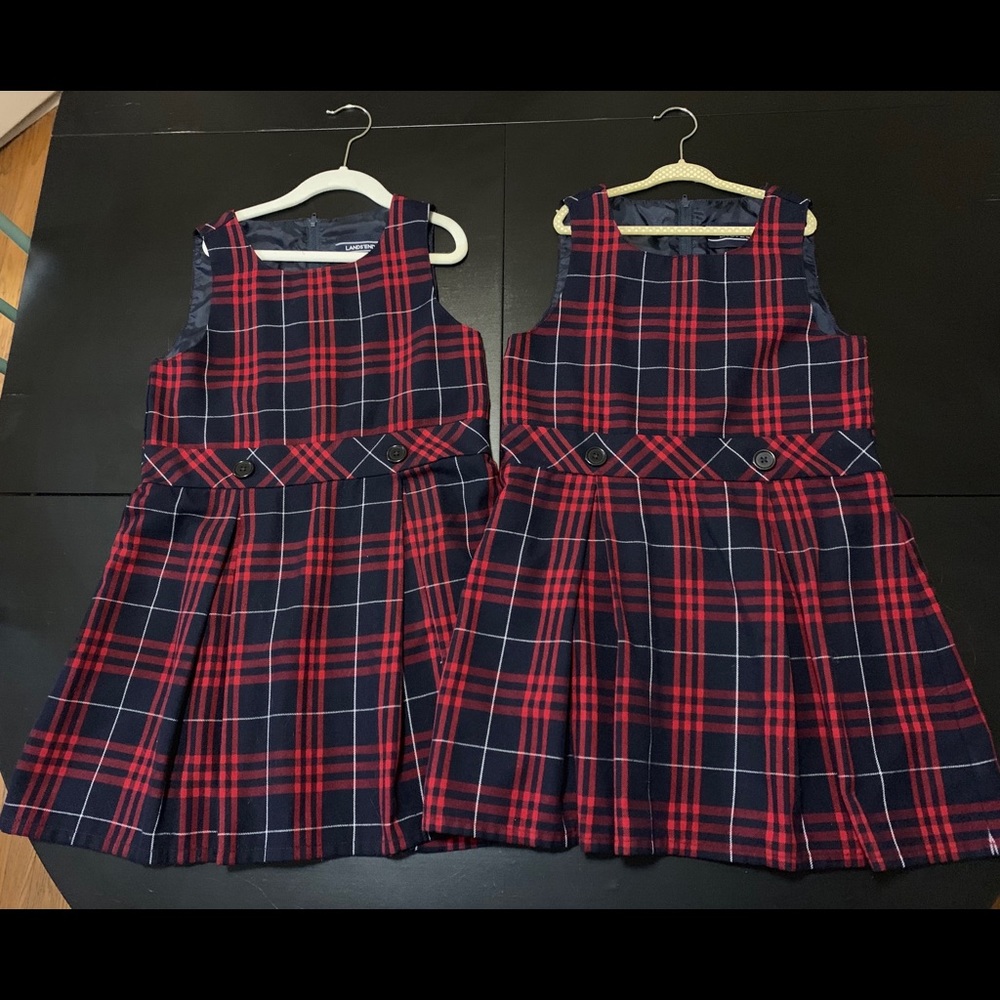 Lands End size 7 navy/red plaid jumpers